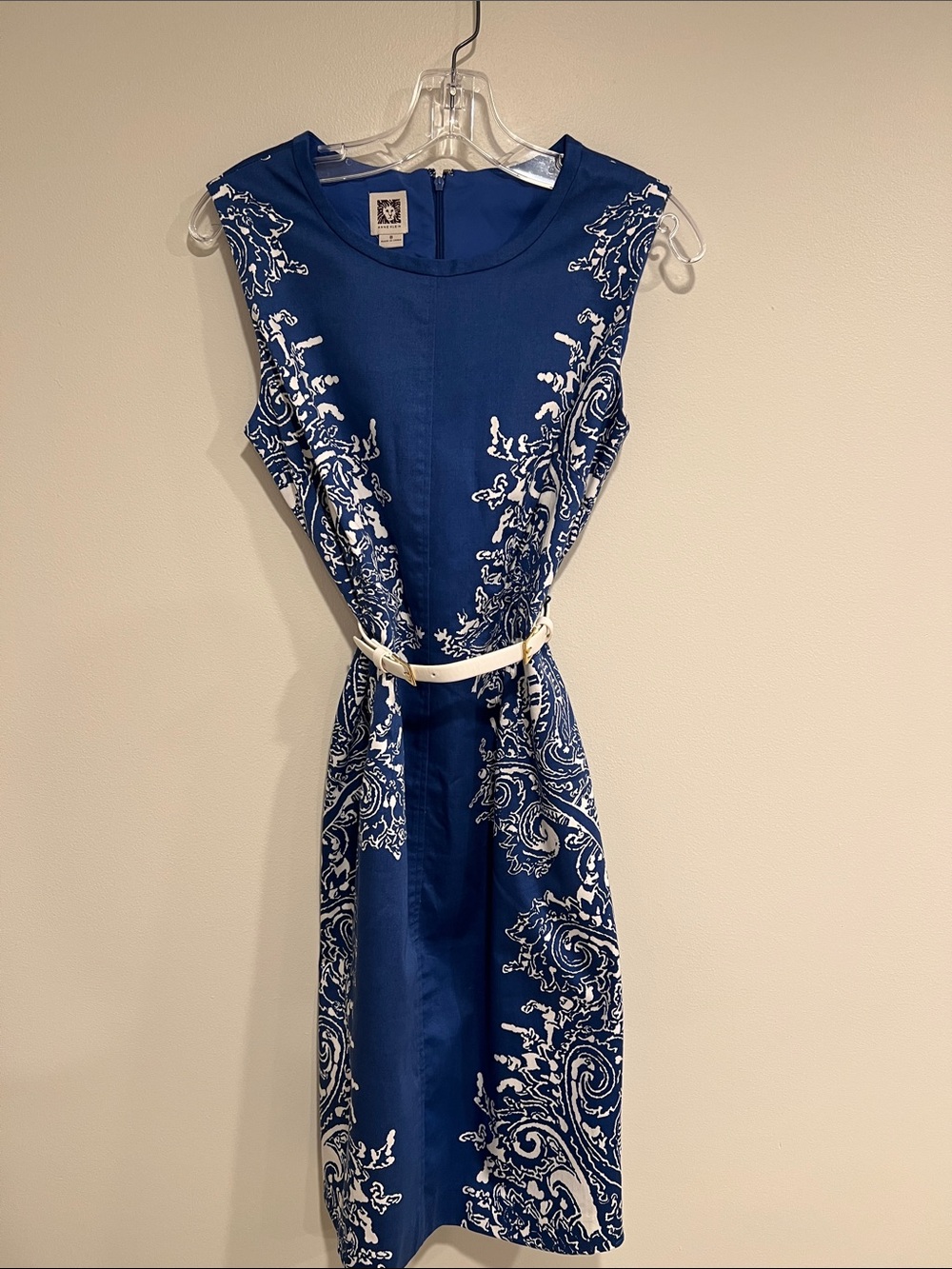 Anne Klein Navy and White Paisley Sheath Dress with Belt